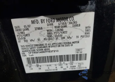 2007 Ford F-150 Lariat из США, поврежденный, VIN 1FTRW14587FB37213